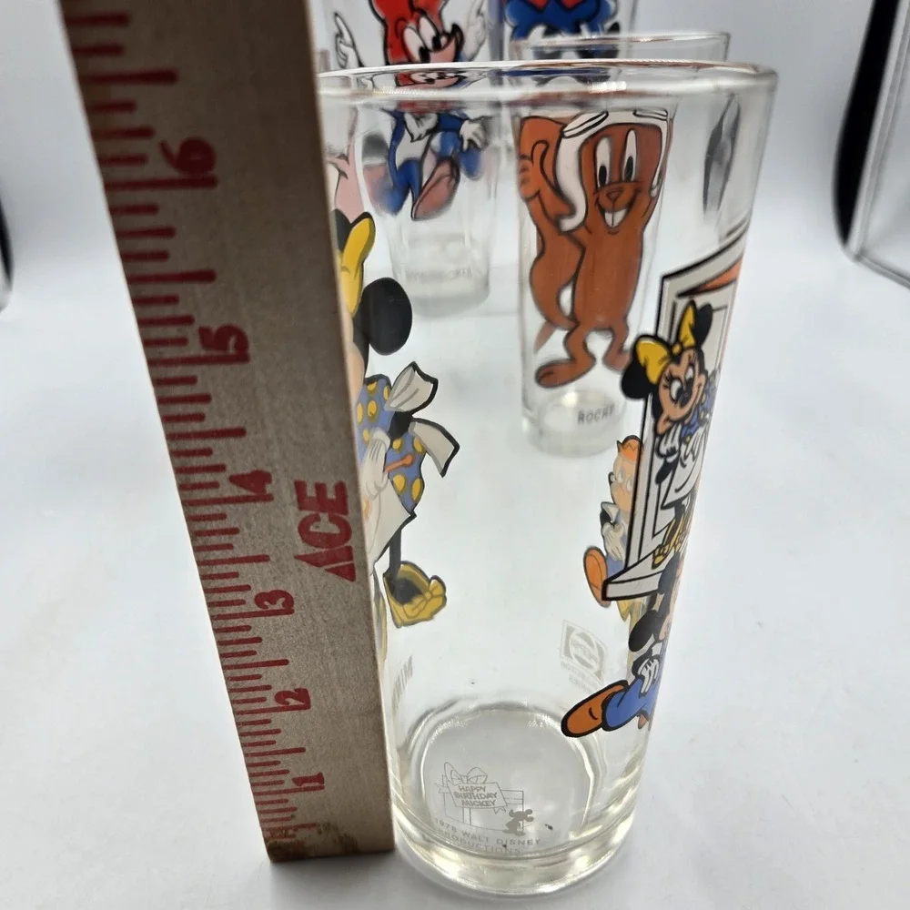5 Vintage 70s Pepsi Co Glass Tumbler Cups Bullwinkle Minnie Mouse Cartoons Rare
